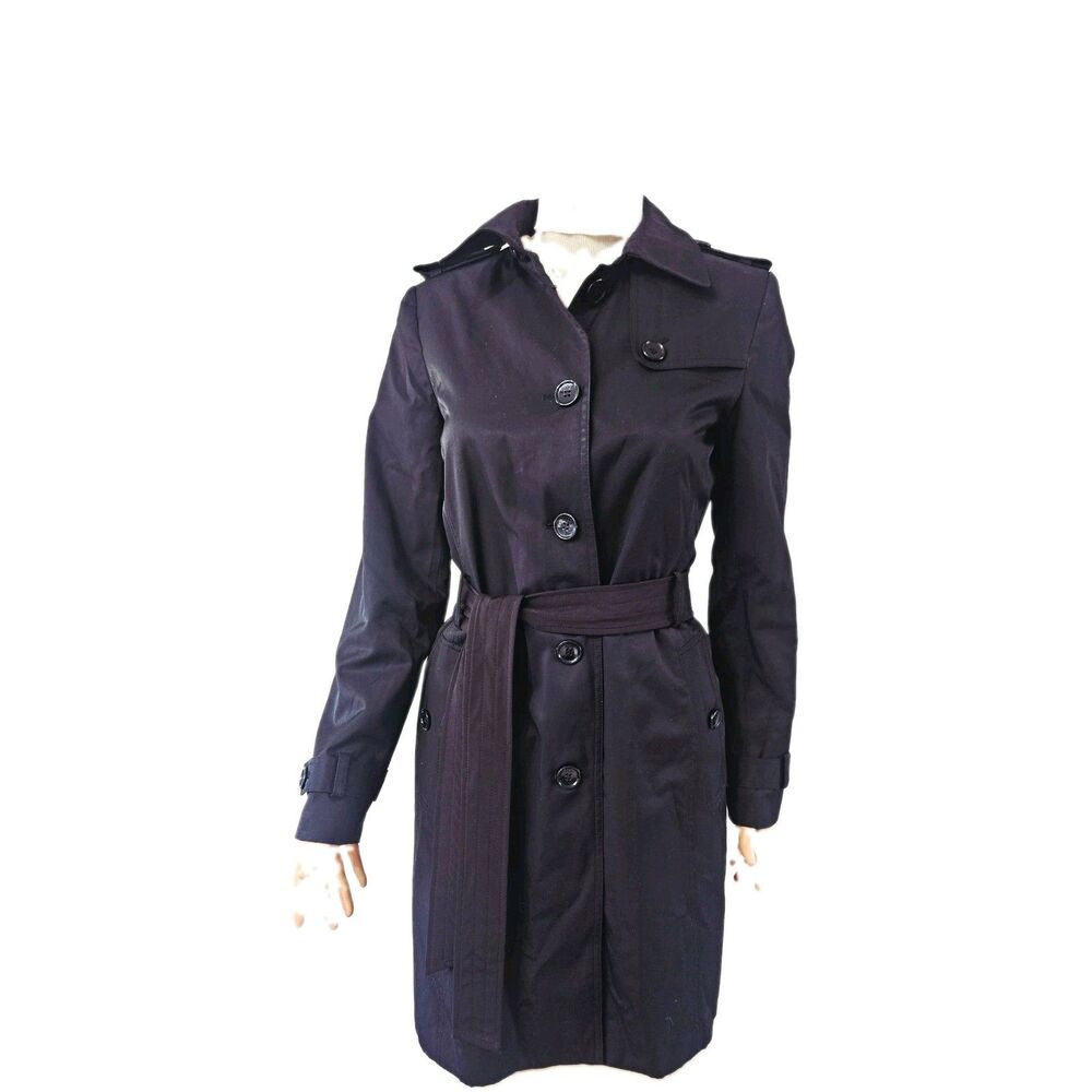 DKNY Women's Black Belted Collared Button Mid-Length Trench Coat Size S